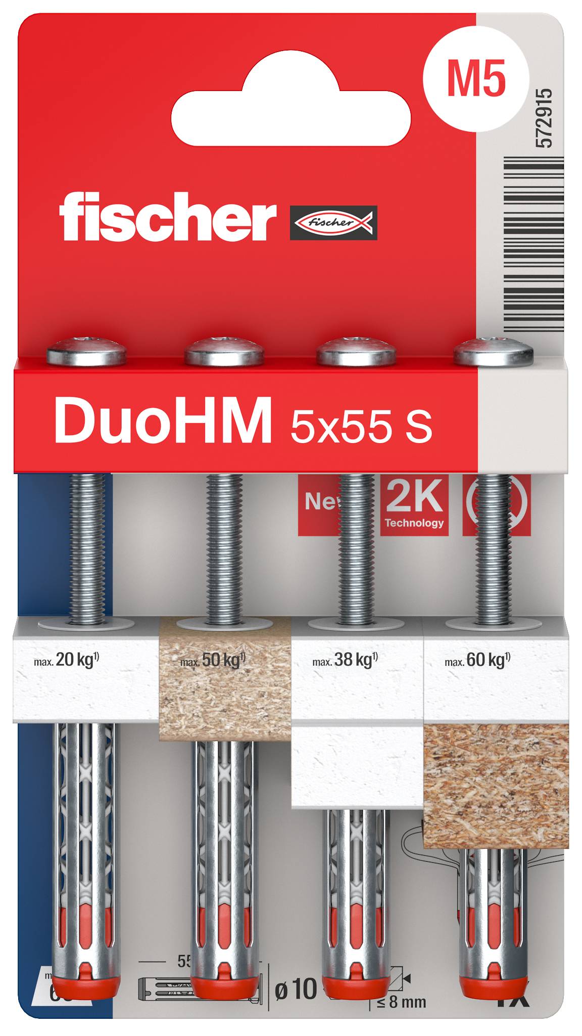 Four Fischer DuoHM 5x55 S plugs on cardboard packaging. Each with example load: 20 kg, 50 kg, 38 kg, 60 kg, on different materials.
