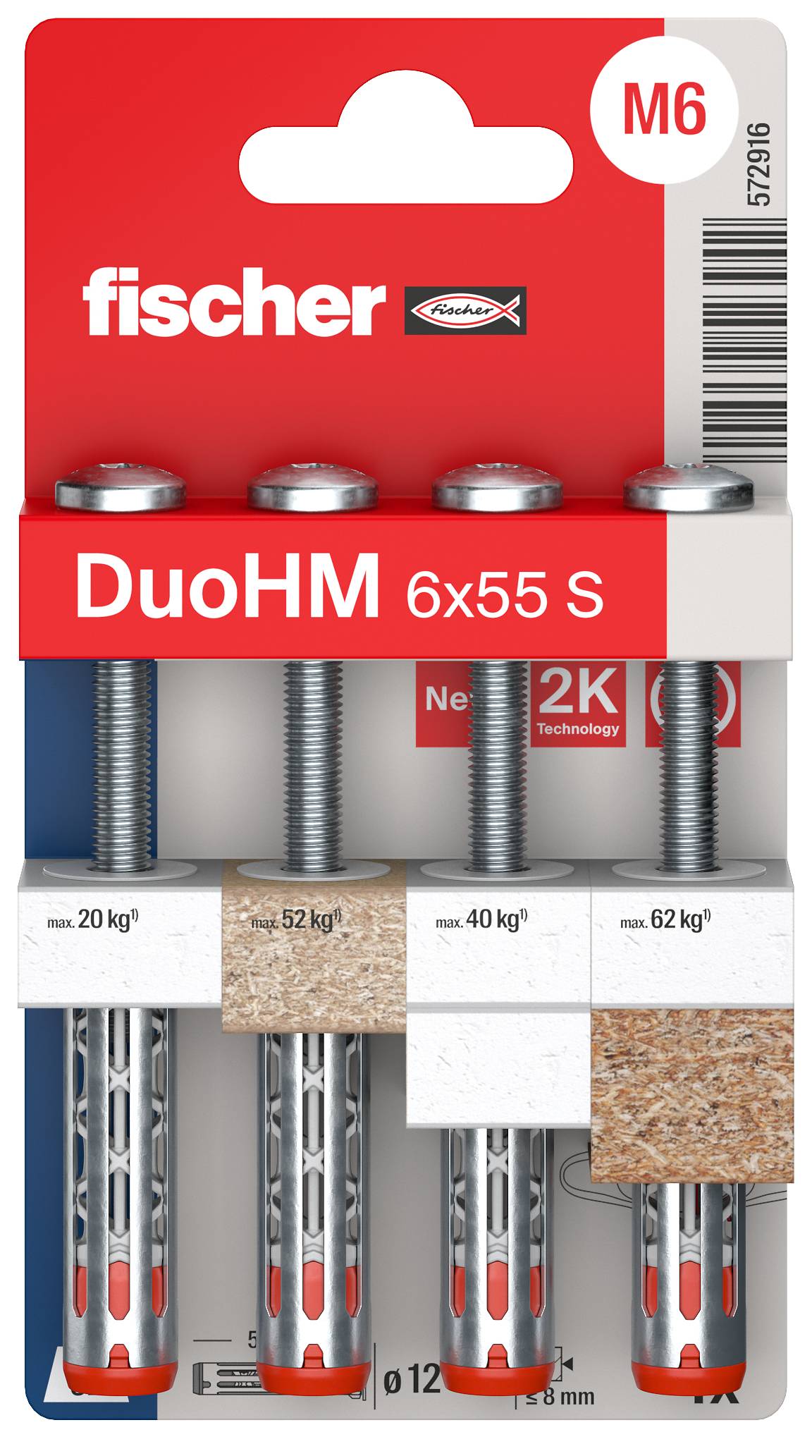 A pack of four Fischer DuoHM sleeve anchors, size 6x55 S, suitable for various loads in different materials.