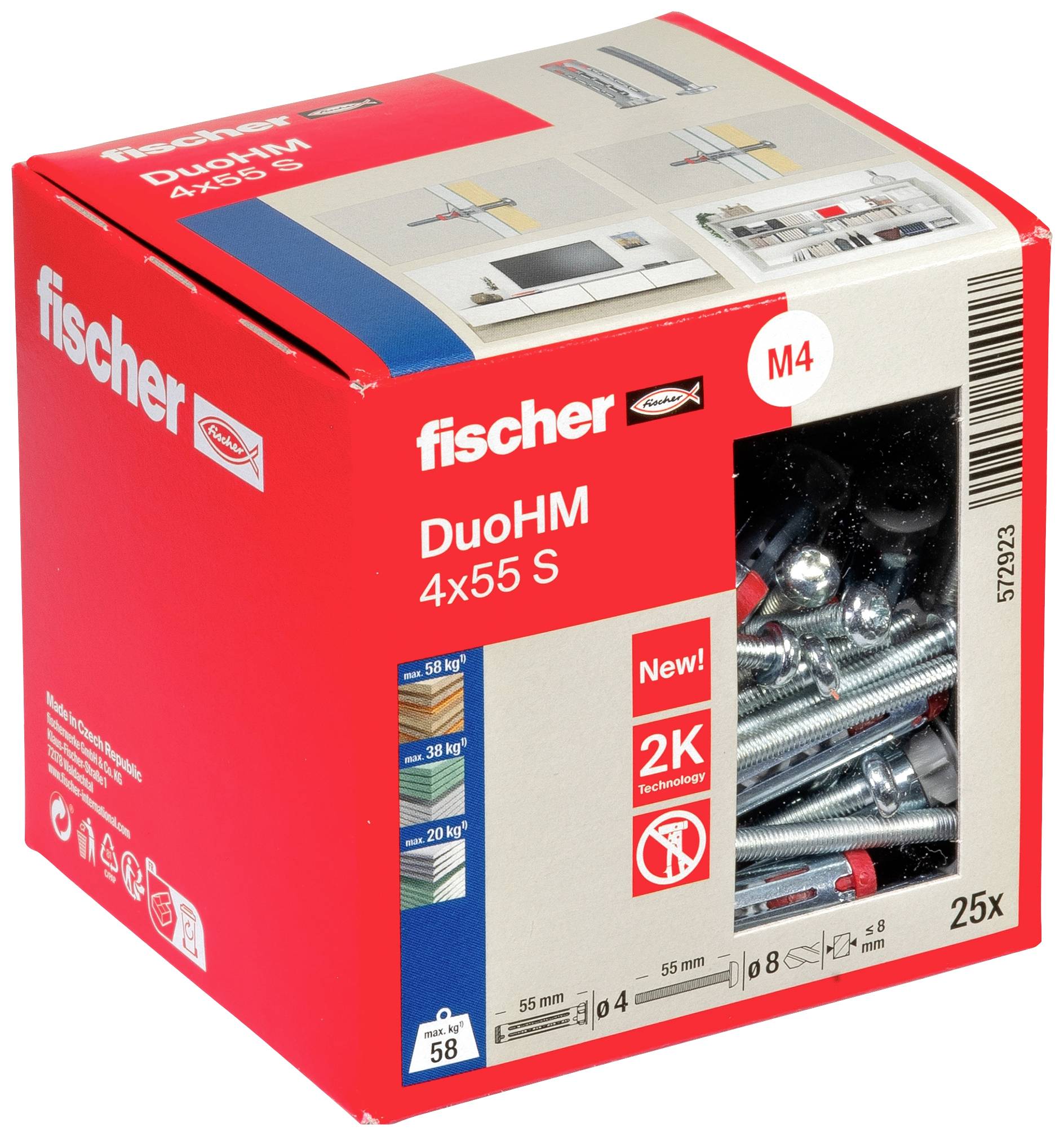 'Packaging for Fischer DuoHM 4x55 S Plugs, Pack of 25. Displays manufacturer's logo and type identification. Contains product description.'