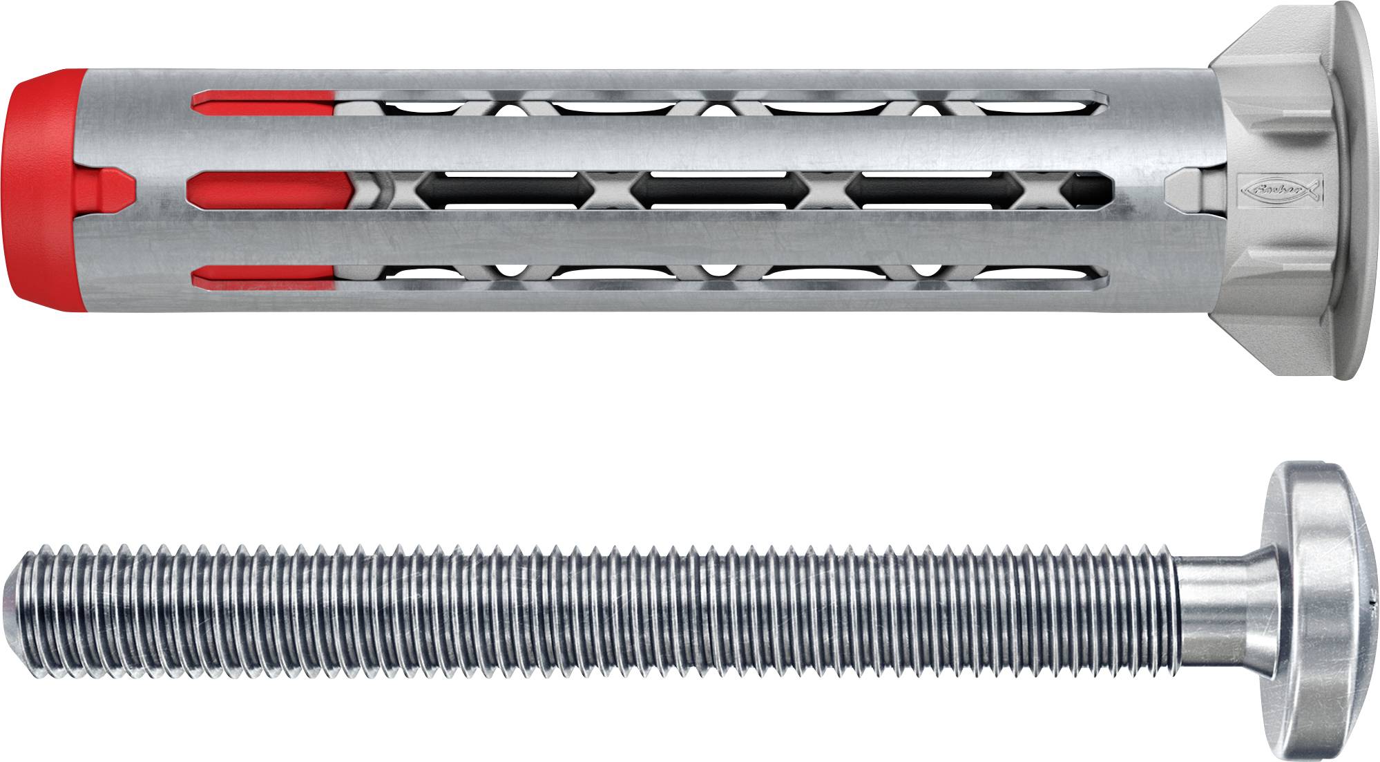 A metal wall plug with a red cap and a threaded bolt lie parallel, showcasing components likely used for secure fastening in construction.