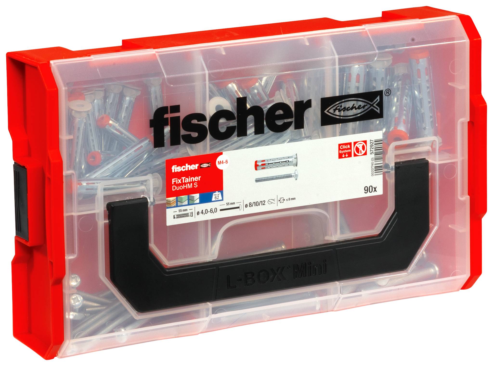 Fischer tool set with red edges. Transparent box displays various wall plugs and screws. Brand logo and product information on the lid.