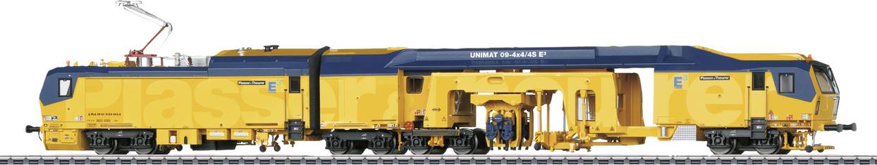 Yellow rail grinding train on track, shown from the side, surrounded by a light background. Used for track maintenance work.