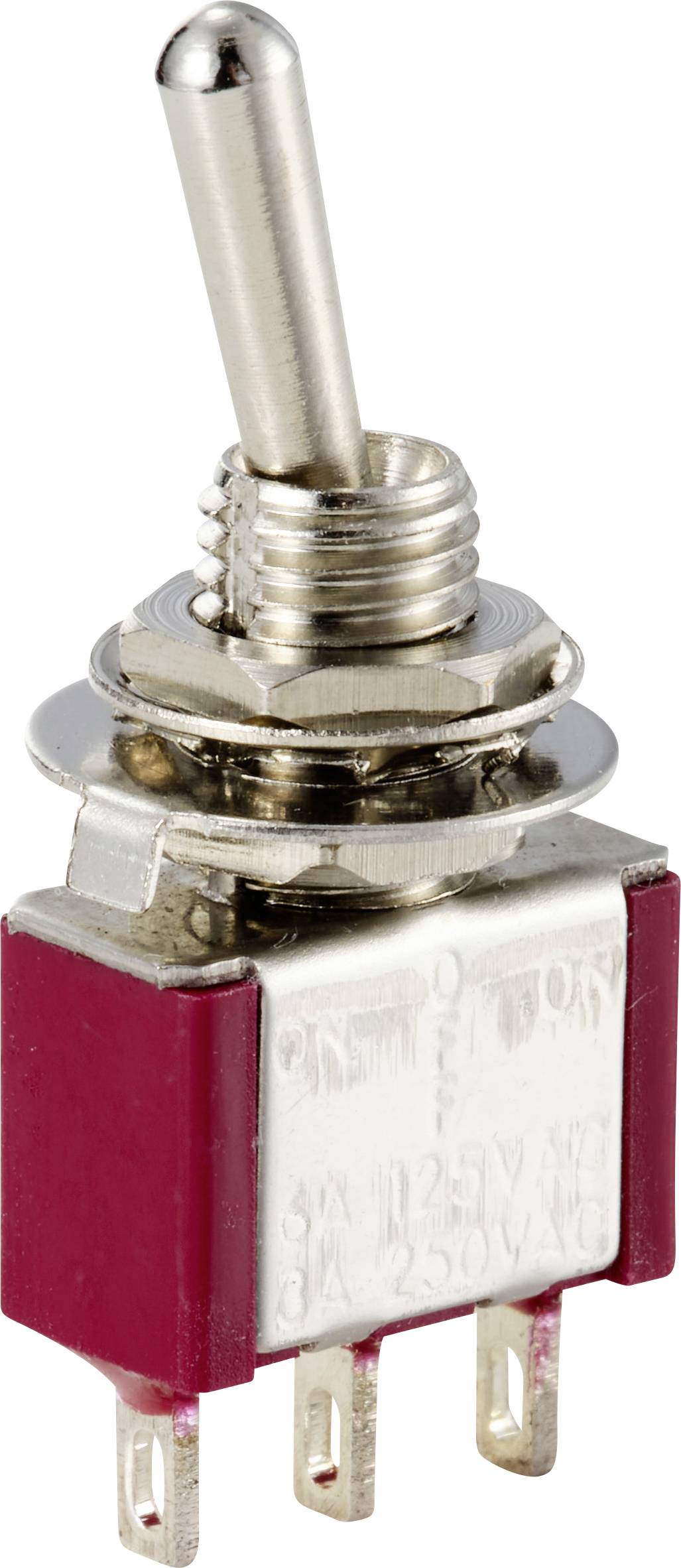 A metal toggle switch with a red plastic base, three solder terminals, and threaded mounting.