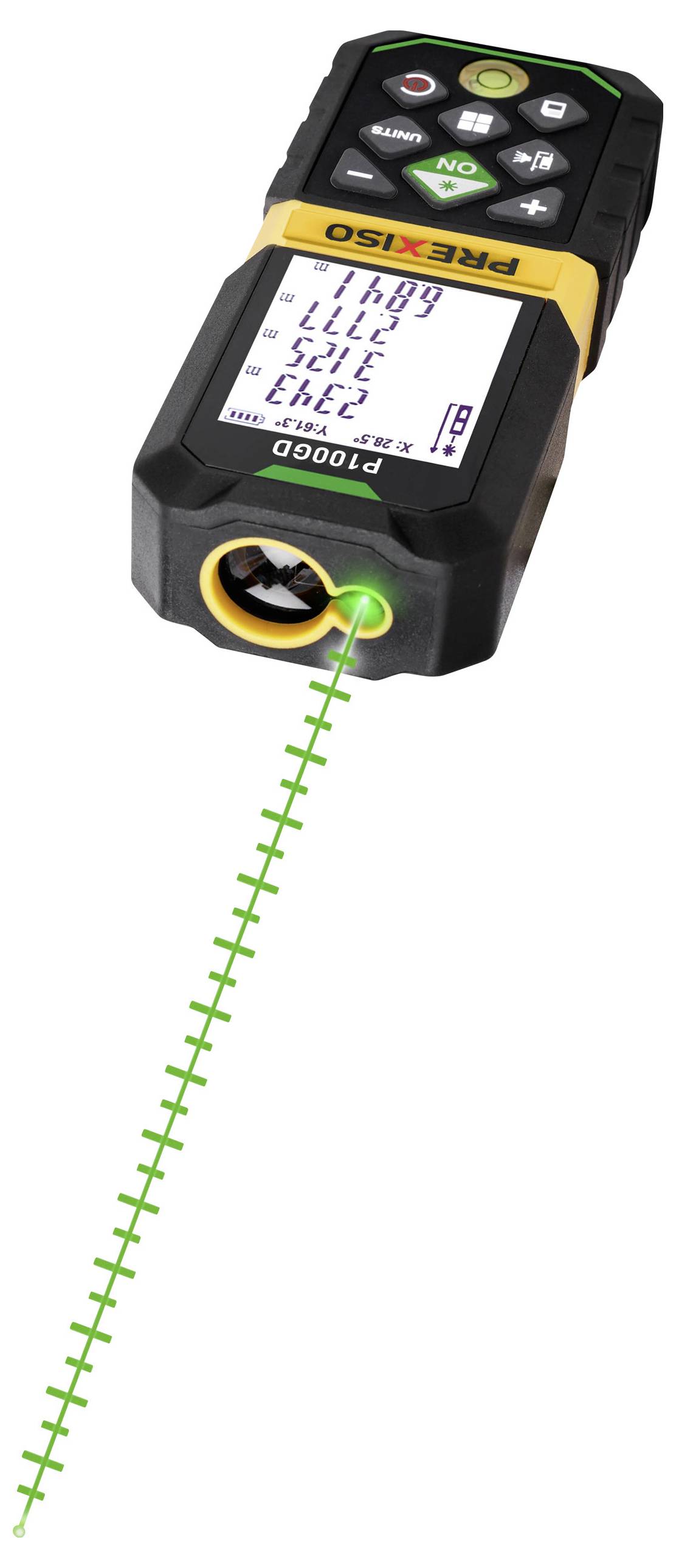 Compact laser distance meter displays measurement values in metres on screen. Laser beam directed forwards.