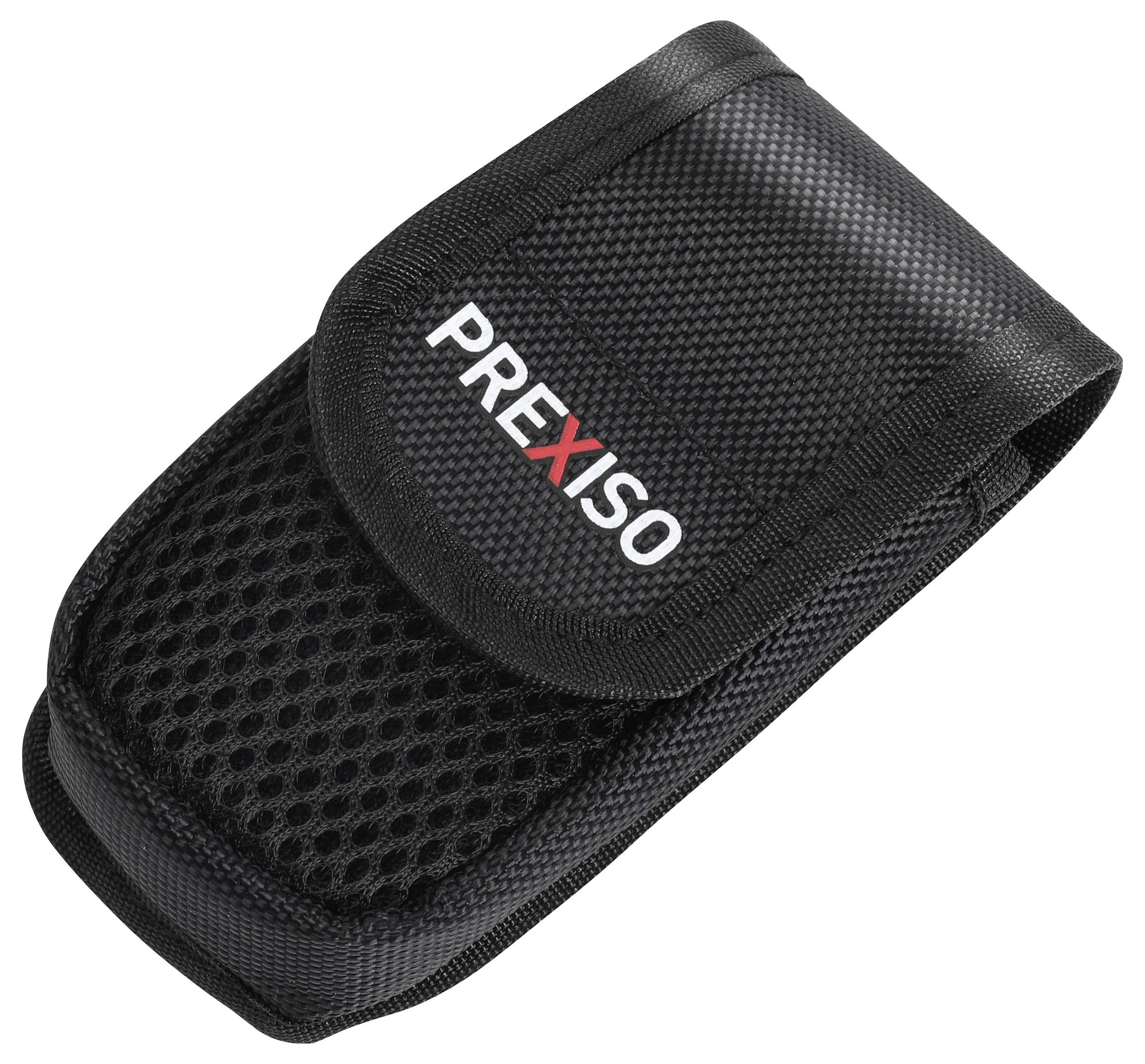Black, protective case with mesh structure and hook-and-loop fastener, with the brand name 'PREXISO' printed in white and red.