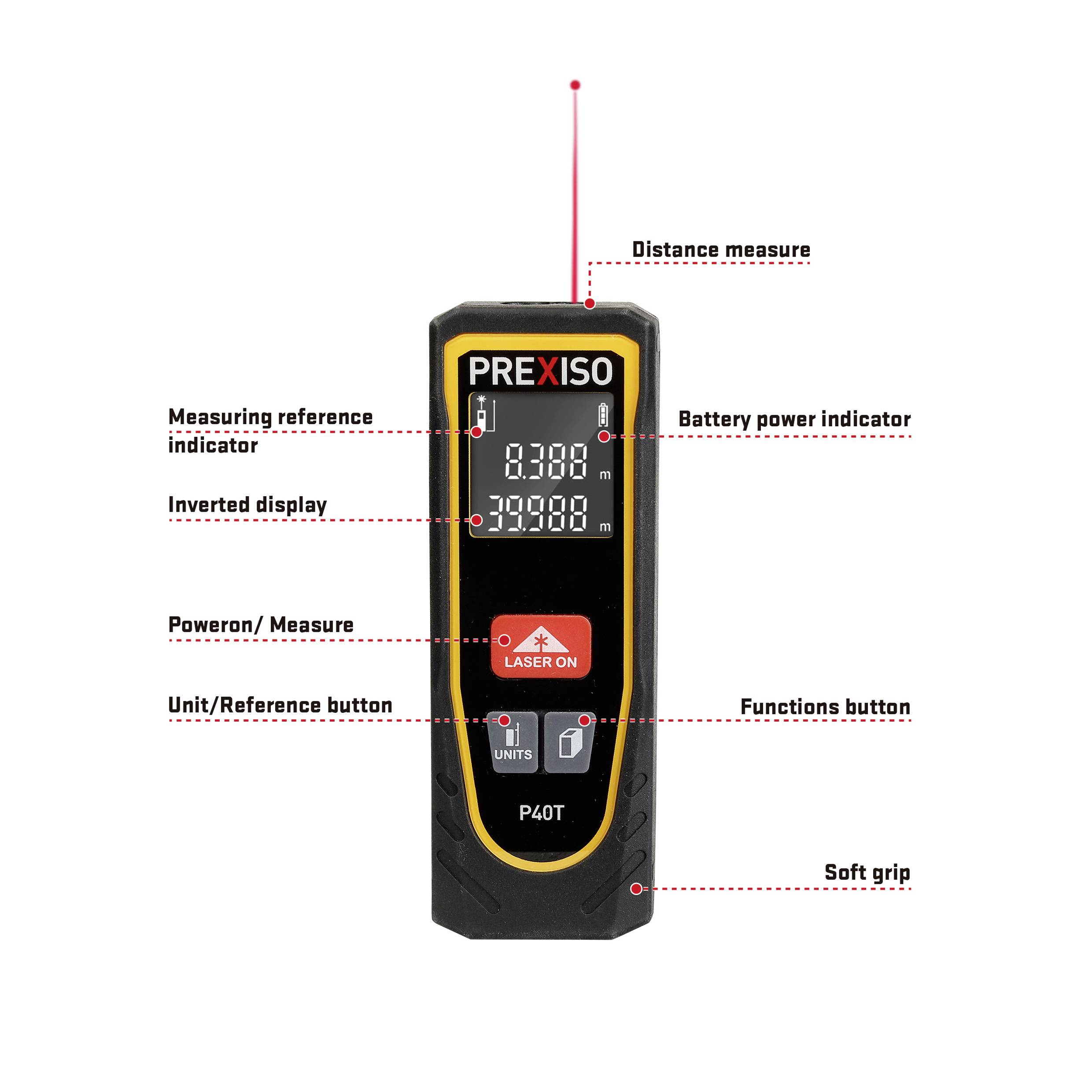 'PREXISO Laser Distance Metre P40T' with buttons for distance measurement, unit selection, and display of battery status and measurement results.