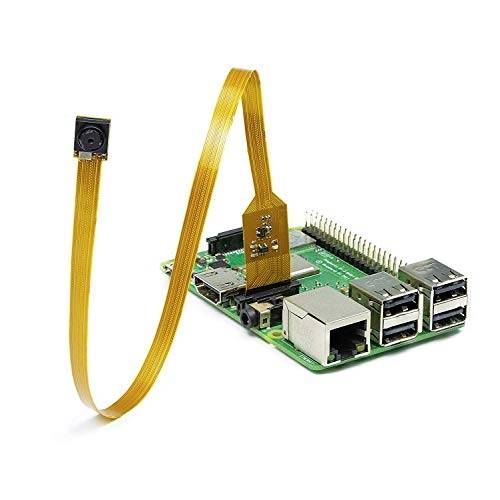 A green circuit board with multiple connectors and a long, flexible ribbon cable leading to a small black camera.
