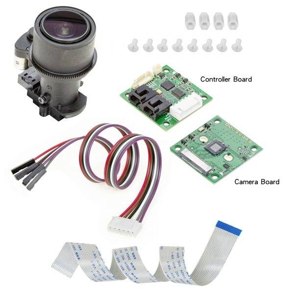 A camera lens, a control board, a camera board, six white mountings and cables with connective plugs are depicted.