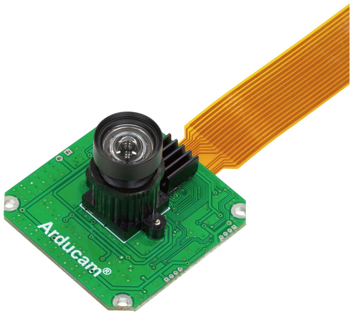 A green Arducam camera circuit board with an attached ribbon cable.