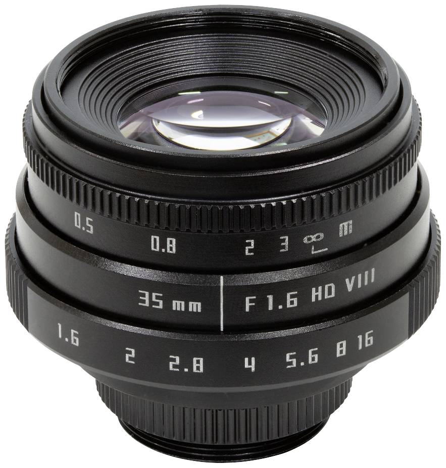 Camera lens with 35 mm focal length and aperture values from f/1.6 to f/16, scaled from 0.5 to infinity for focusing.