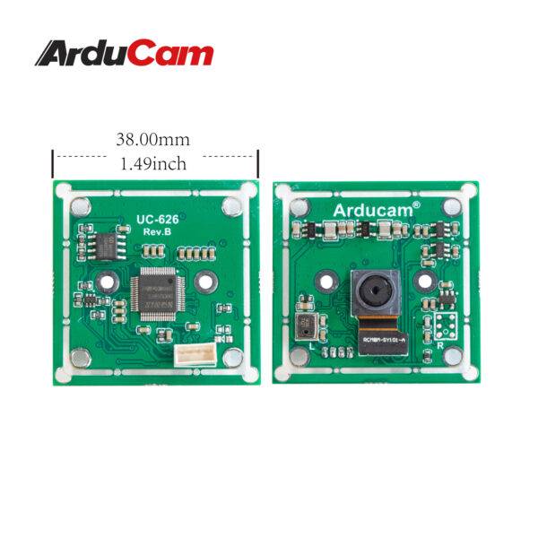 Front and back of an ArduCam camera, circuit board with chip and camera lens. Dimensions: 38.0 mm (1.49 inches).