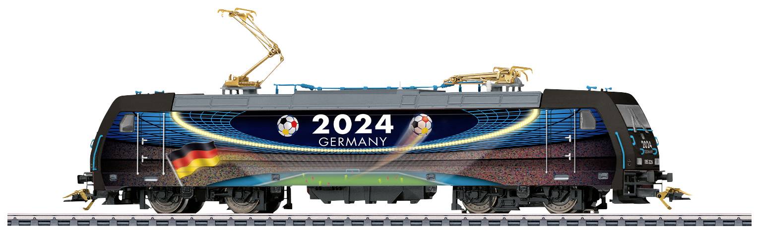 A locomotive with a design for the UEFA Euro 2024 in Germany, adorned with the lettering '2024 GERMANY' and the German flag.