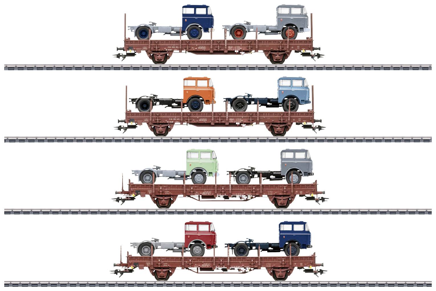 Four railway wagons, each loaded with two different vintage chassis, in various colours on the tracks.