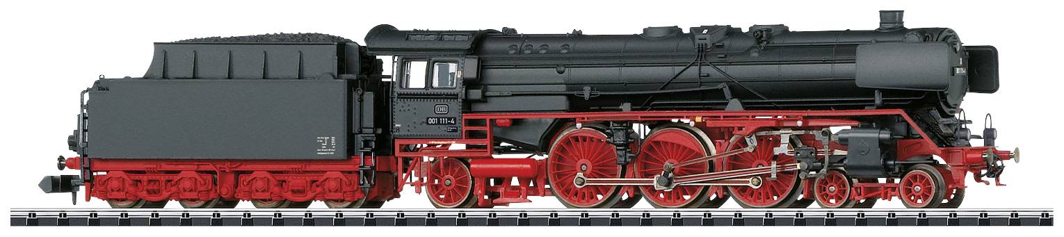 Black steam locomotive on a track with a red undercarriage.