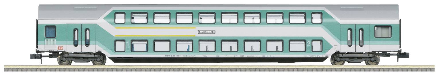 Double-decker train carriage in light green and grey on the track, with windows on two levels.