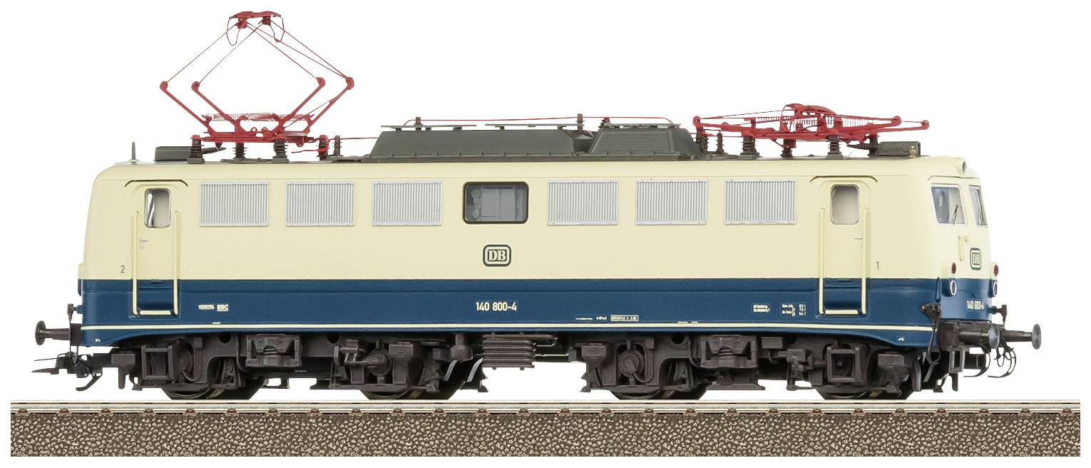 A model of an electric locomotive in cream and blue on a railway track. It has red pantographs on top and bears a railway logo.
