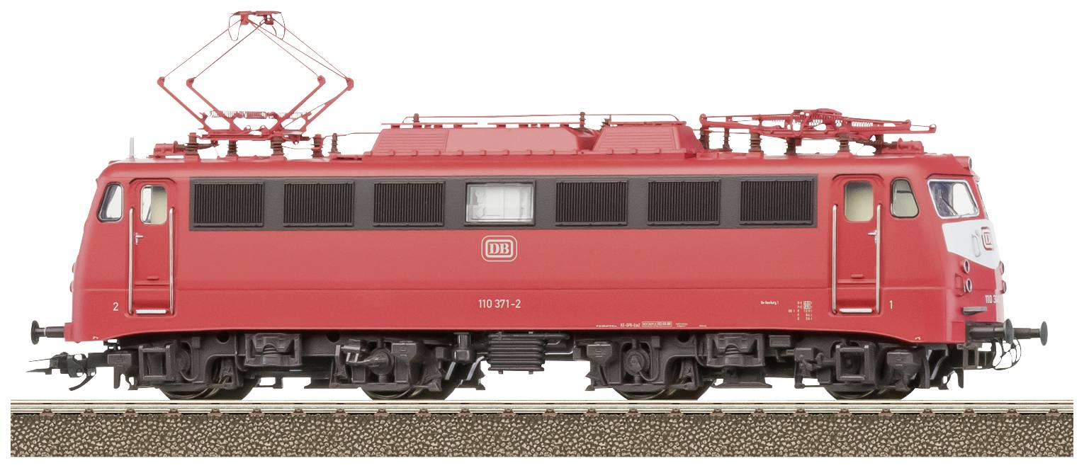Red model of an electric locomotive with DB logo on rails, side view.Note: The translation is from German to British English, maintaining the original descriptive style. 