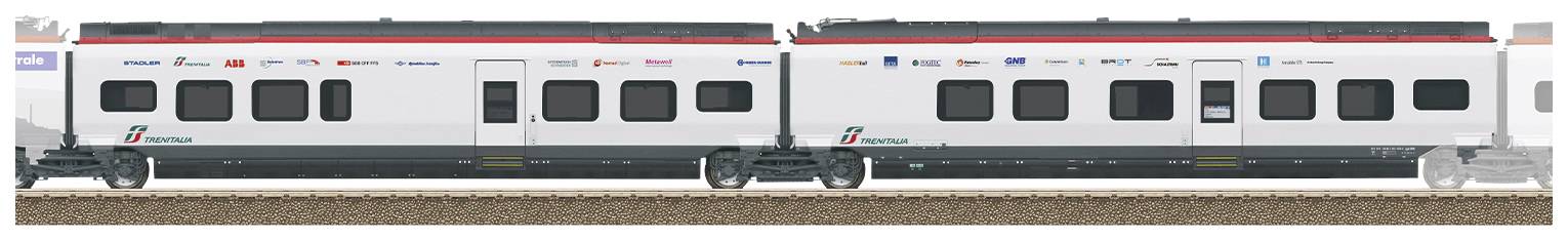 A modern train with two white carriages and black windows is standing on a railway track. The carriages bear the logo of a train company.