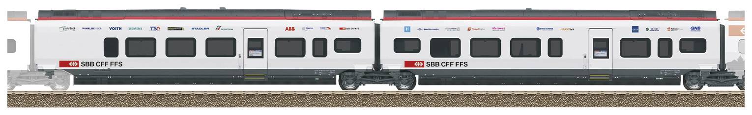 A modern regional train from SBB travels along railway tracks. Windows are visible on its side, along with the SBB logo in red and white colours.