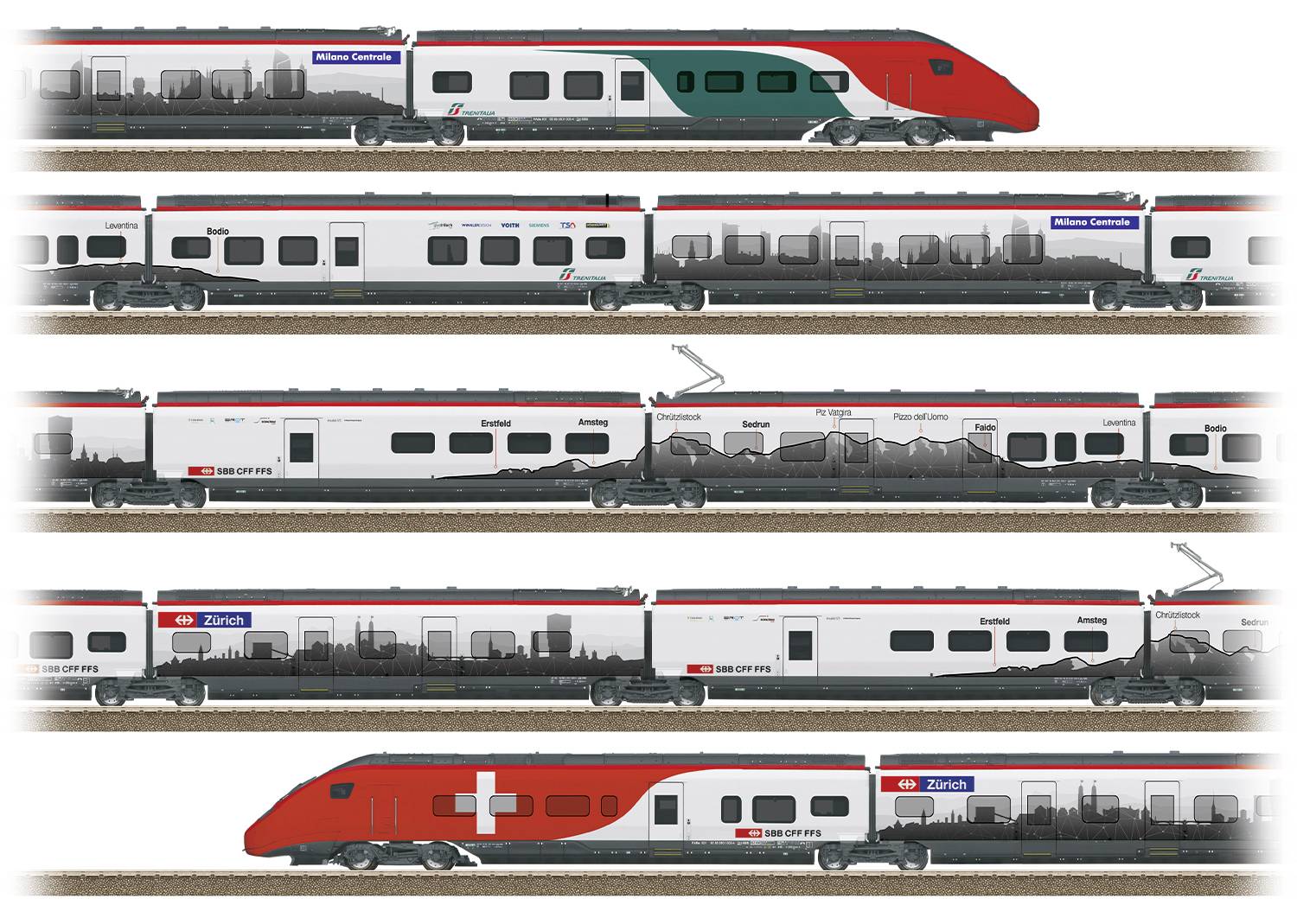 Train view: Three different trains side by side on tracks. Each train has different colour schemes and markings.