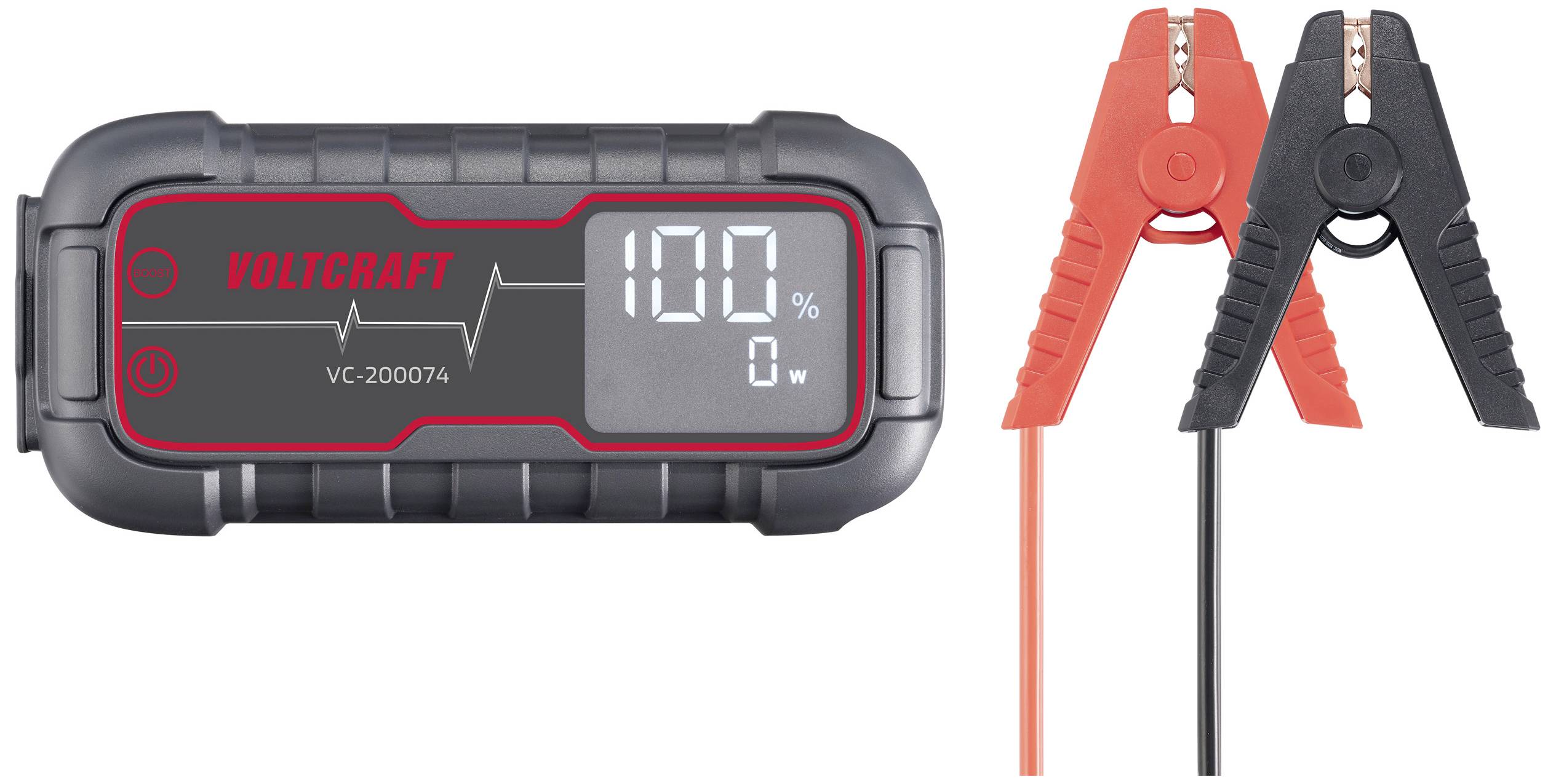 A Voltcraft battery charger with a digital display showing 100%. Two terminals, one red and one black, are connected.