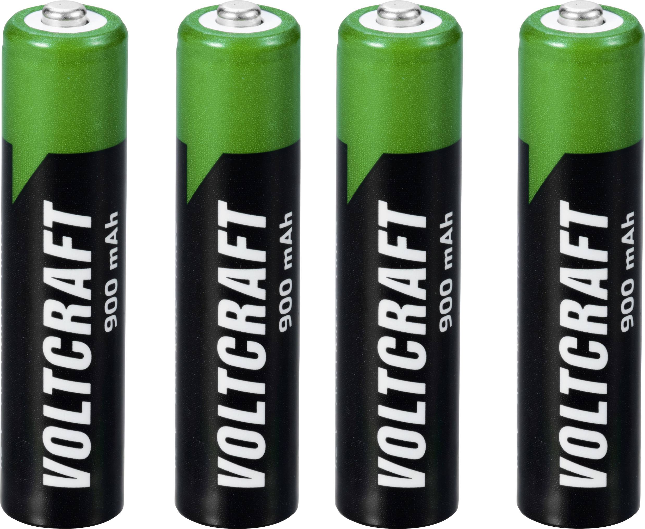 Four black AA batteries with green tops and the inscription 'VOLTCRAFT 900 mAh'.