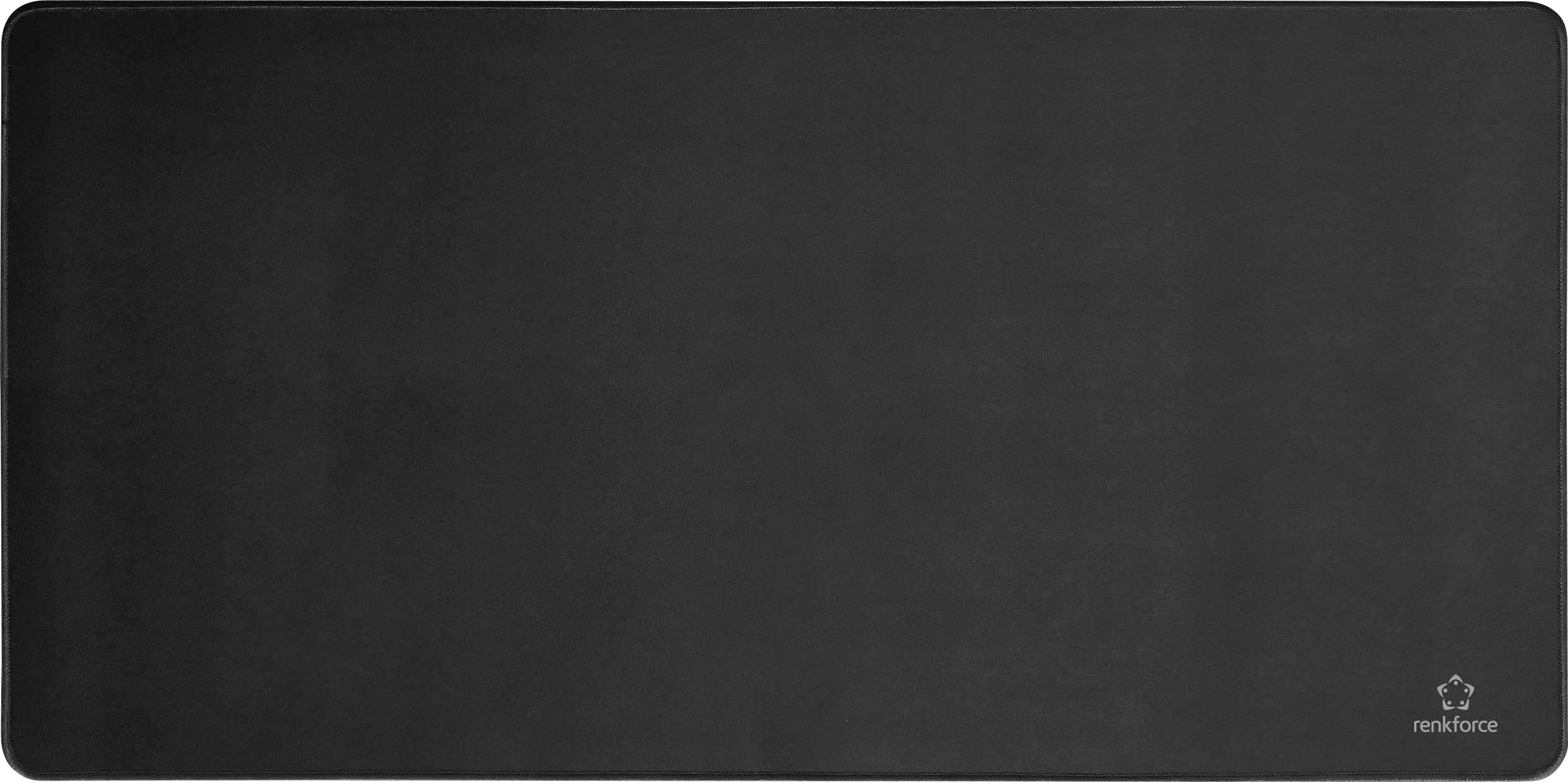 A black desk mat with a small logo in the bottom right corner.