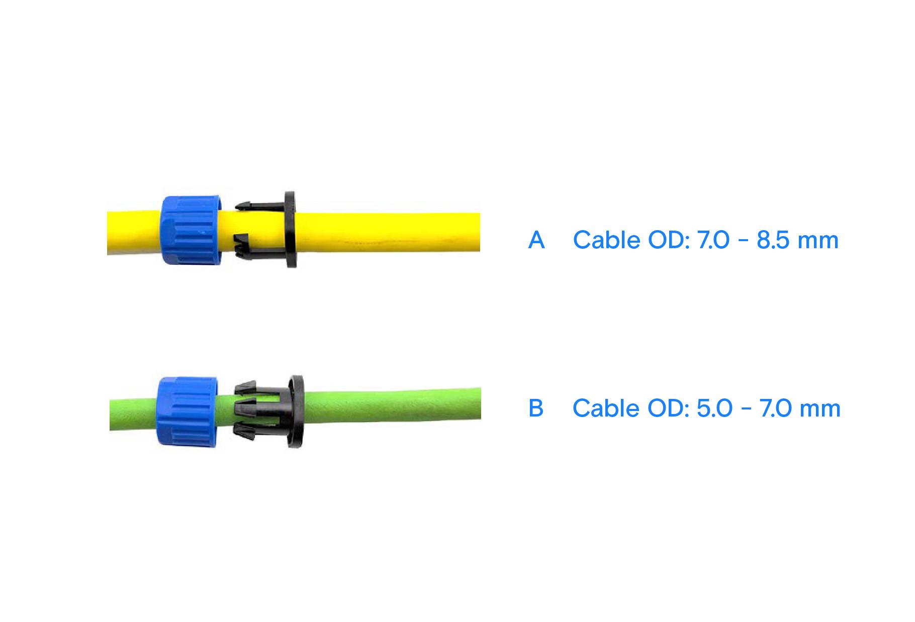 Top: Yellow cable with blue and black connector for diameter 7.0-8.5 mm. Bottom: Green cable for diameter 5.0-7.0 mm.