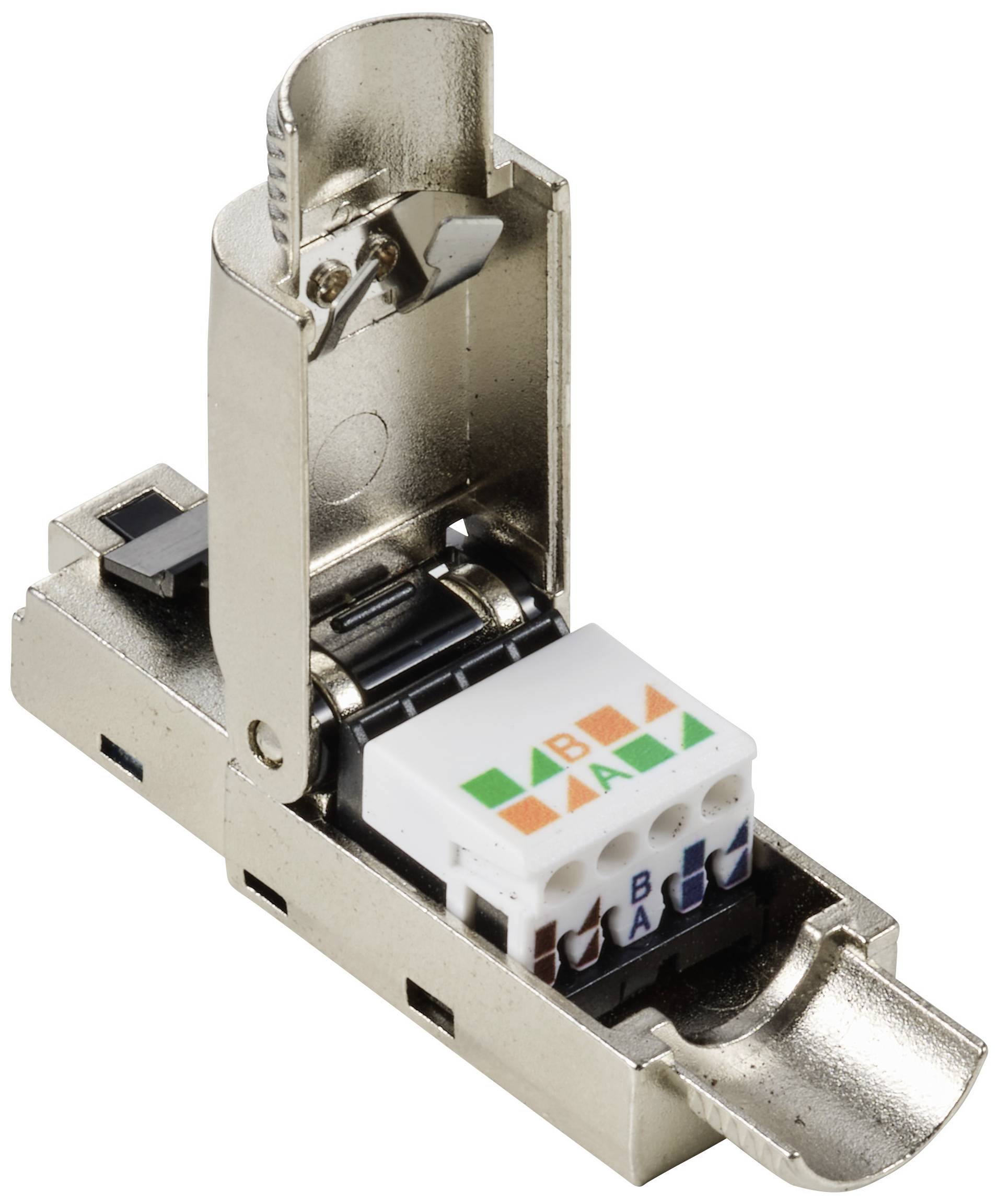 RJ45 metal socket module with open housing showing the colour-coded connections for cable connections.