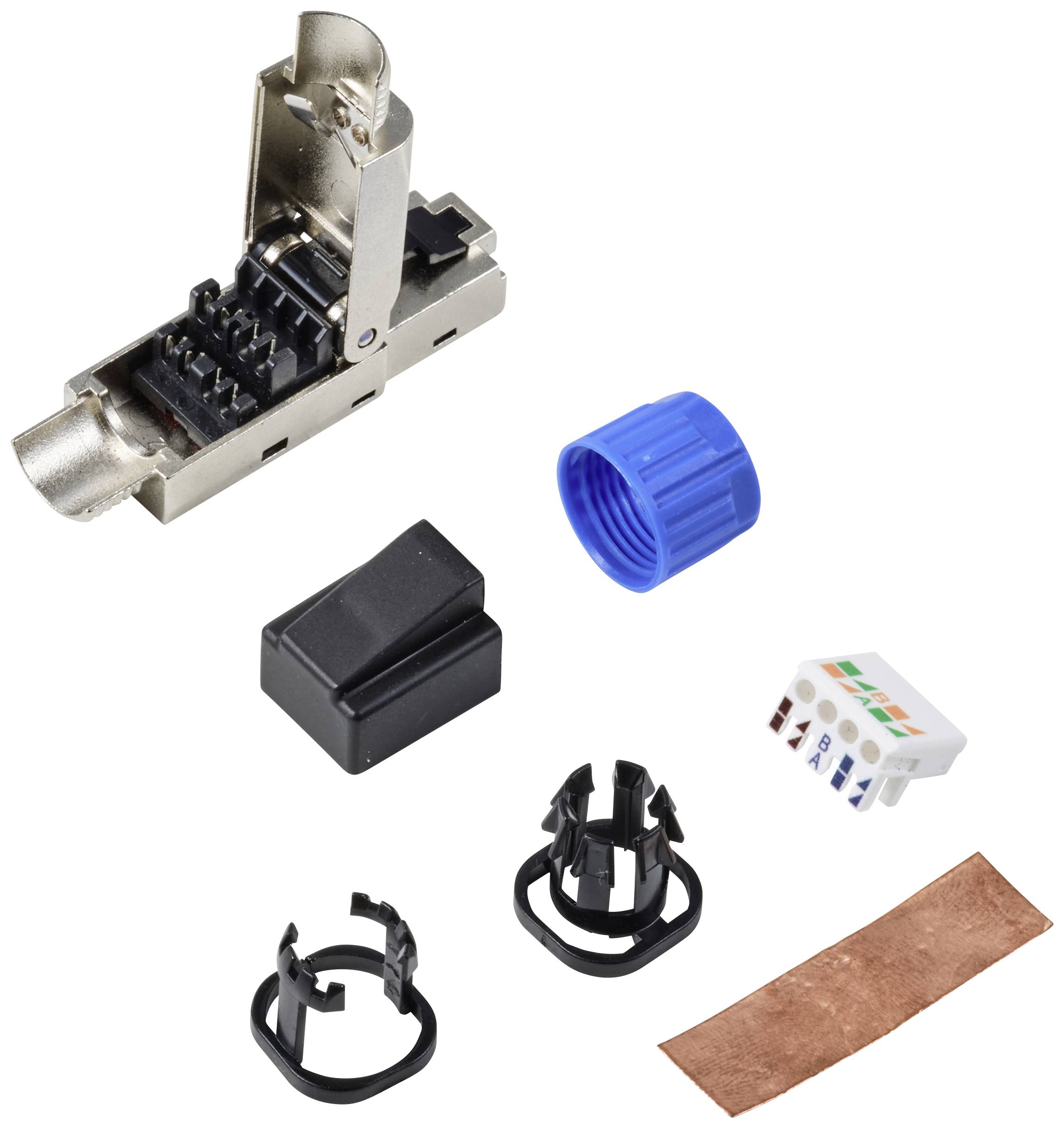 Components of an RJ45 plug kit: metal housing, blue dust cover, black covers, cable entry point and connection section.