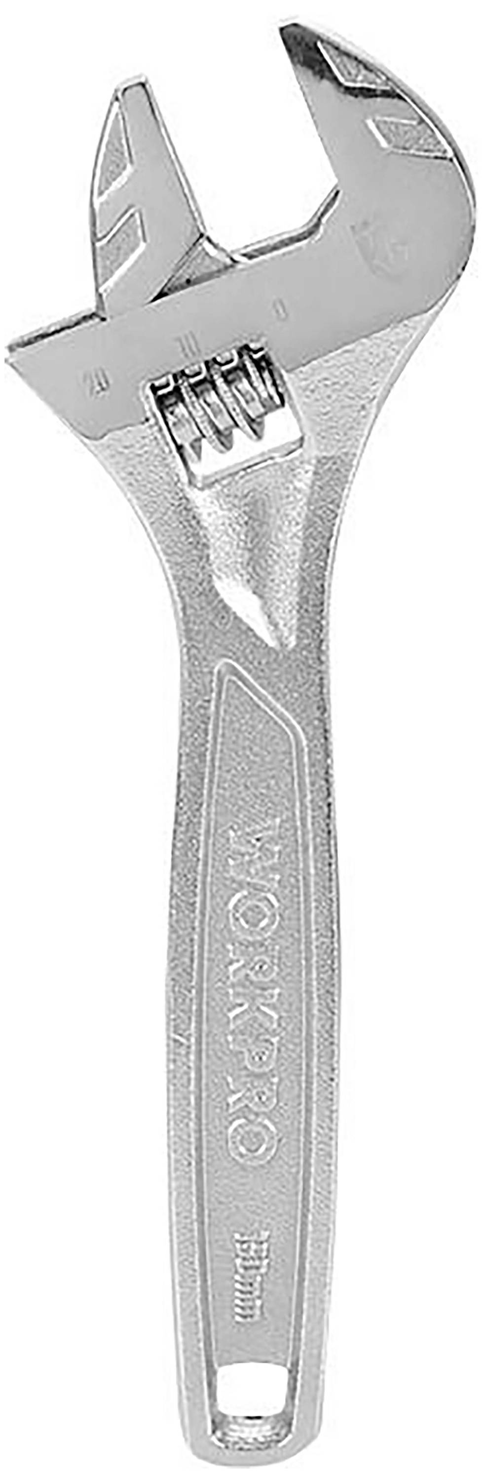 Chrome-plated adjustable spanner with scale and logo on the handle.