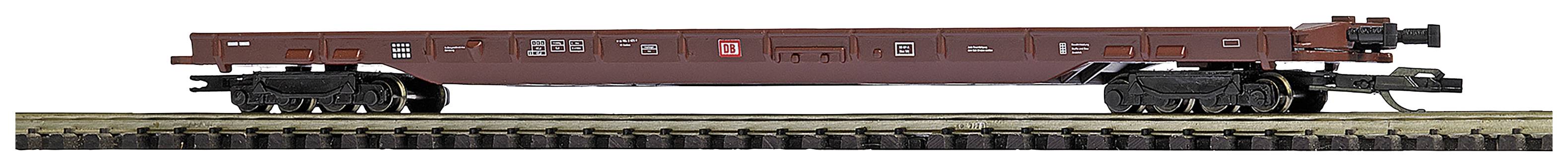 Brown model of a goods wagon on rails, without cargo or container. Detailed representation of the wheels and underside.