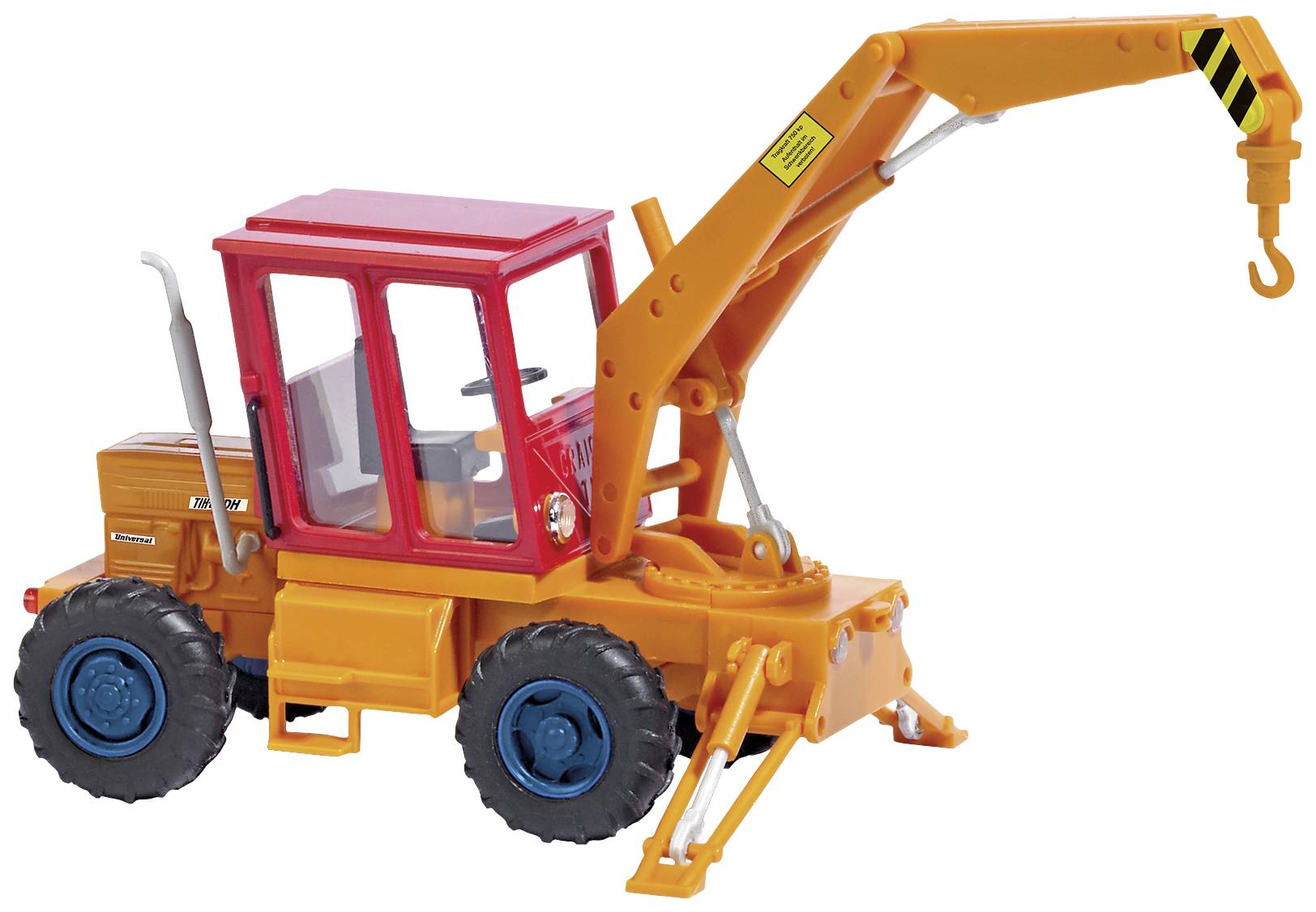 Toy crane vehicle in orange and red with movable hook. Model of a construction site crane vehicle on four wheels.