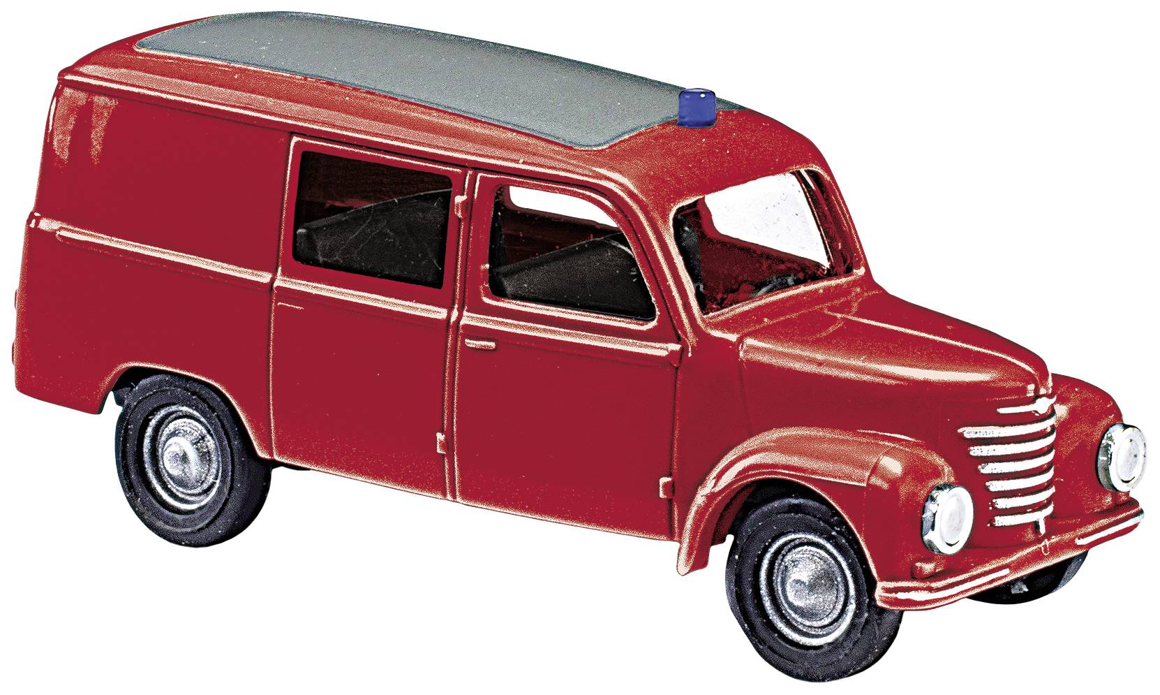 Red model car with a grey roof and blue light on the roof. It has four doors and represents a classic delivery van.