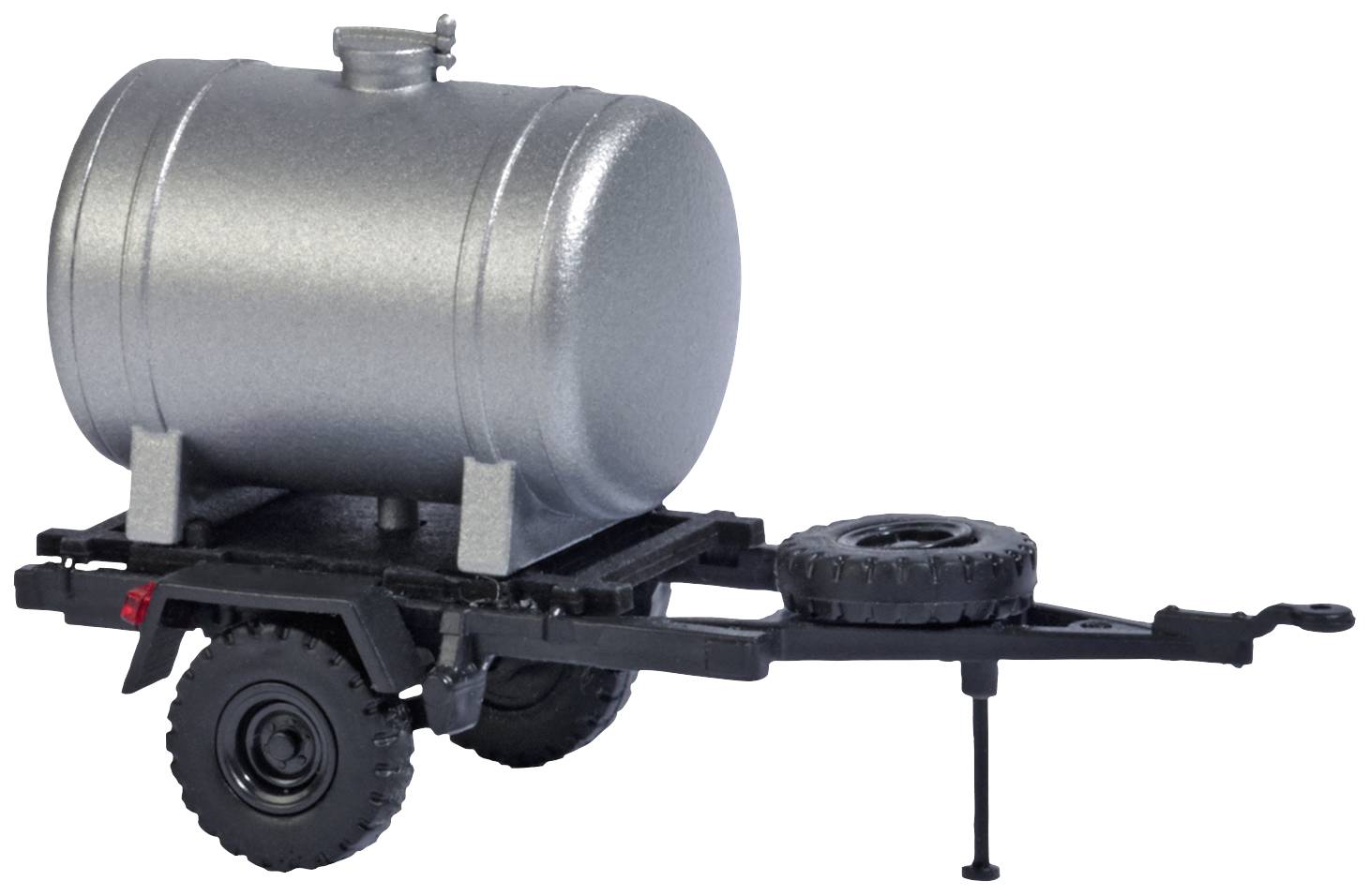 A silver water tank trailer on two wheels. The trailer has a small support leg and a spare wheel on the drawbar.