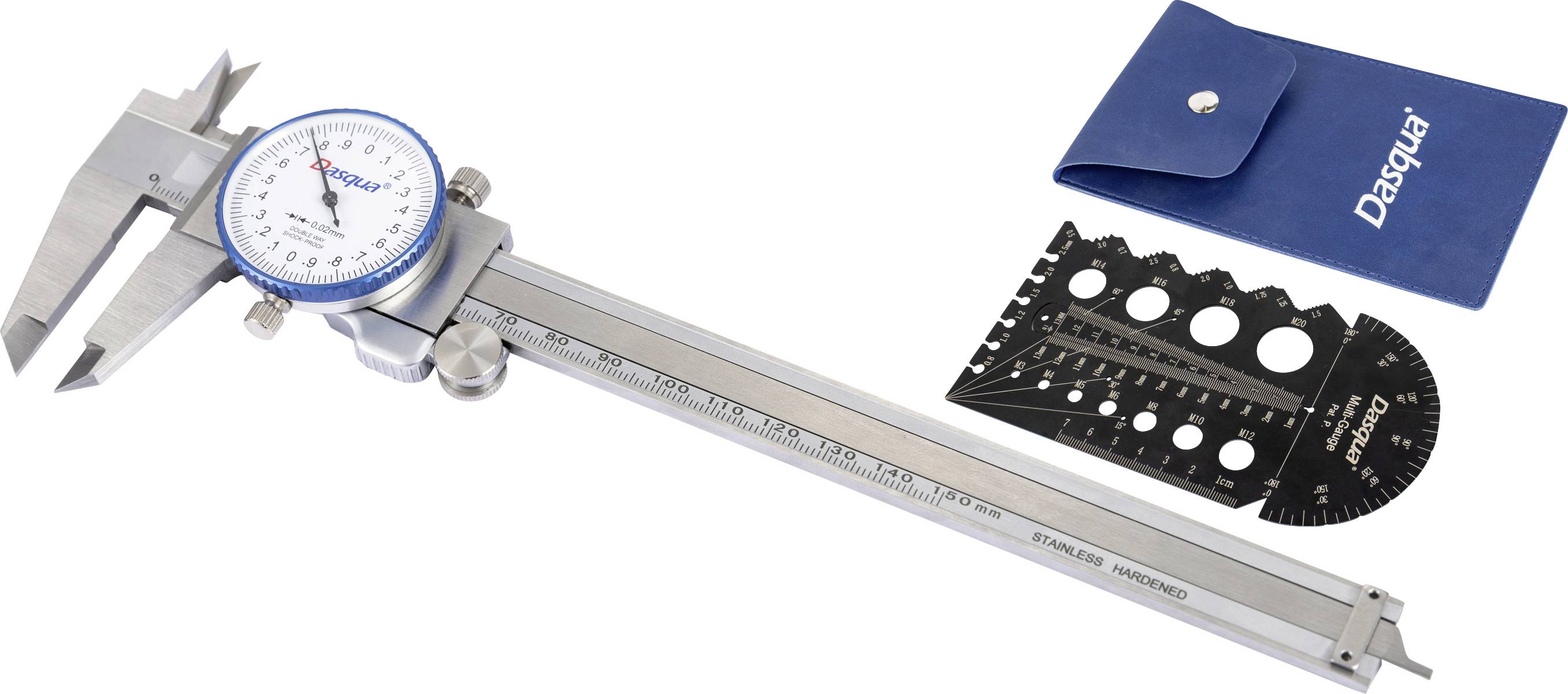Vernier caliper with dial display and blue case, alongside an angle measuring template. Instruments for precise measurement.