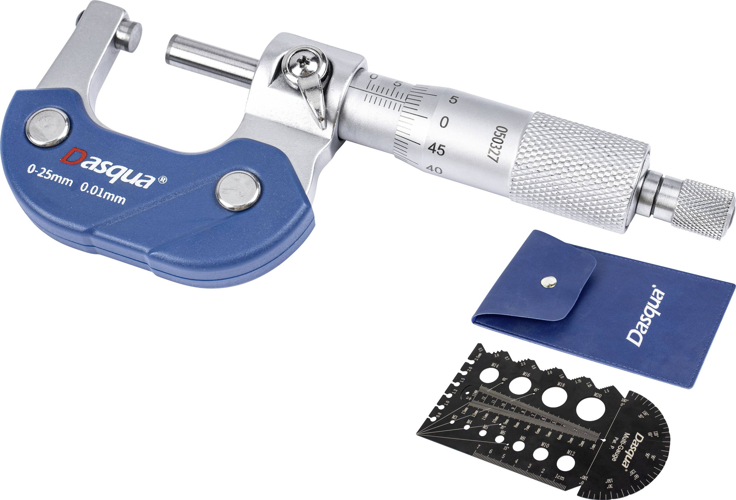 A micrometer with a blue casing and measurement scale, showing measurement range 0-25mm. Lying next to a storage pouch and circular template.
