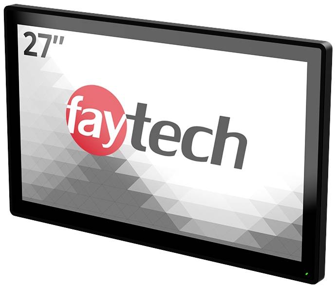 A 27-inch monitor with the 'faytech' logo. The screen displays a geometric pattern in greyscale.