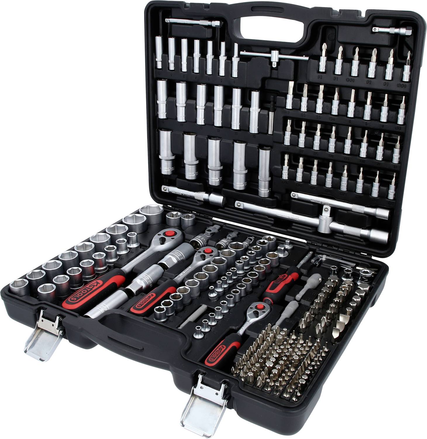 An open toolkit with a range of socket wrenches, ratchets, and bits, organised in rows for easy access.