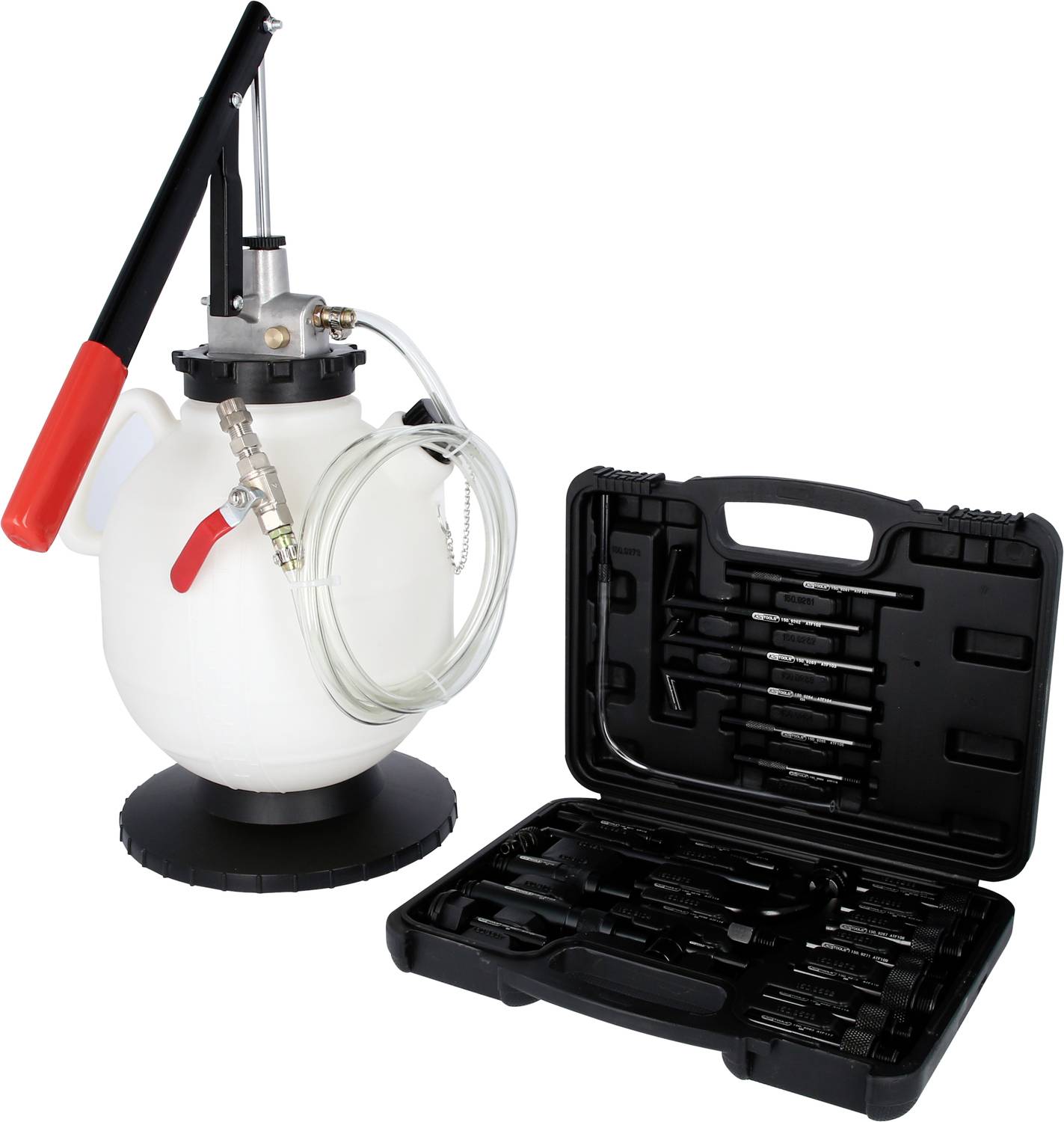 A white liquid container with a pump lever and hoses stands next to a black toolbox with various drill bits.