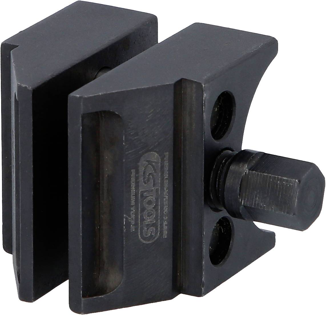 Two black metal clamps with screws, used for securing or connecting workpieces in industrial or craft applications.