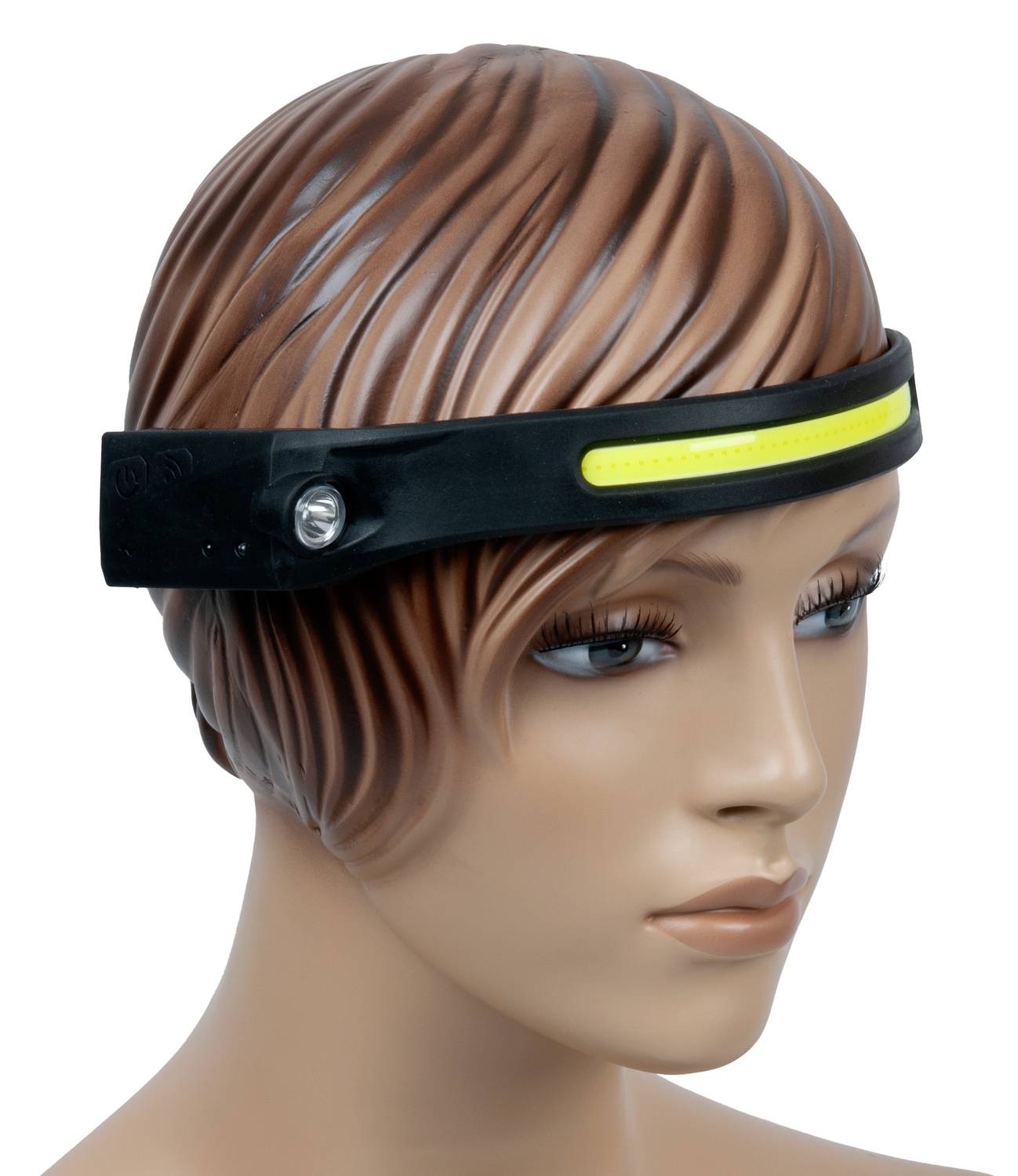 A mannequin wearing a black headband with a yellow light stripe across the forehead.