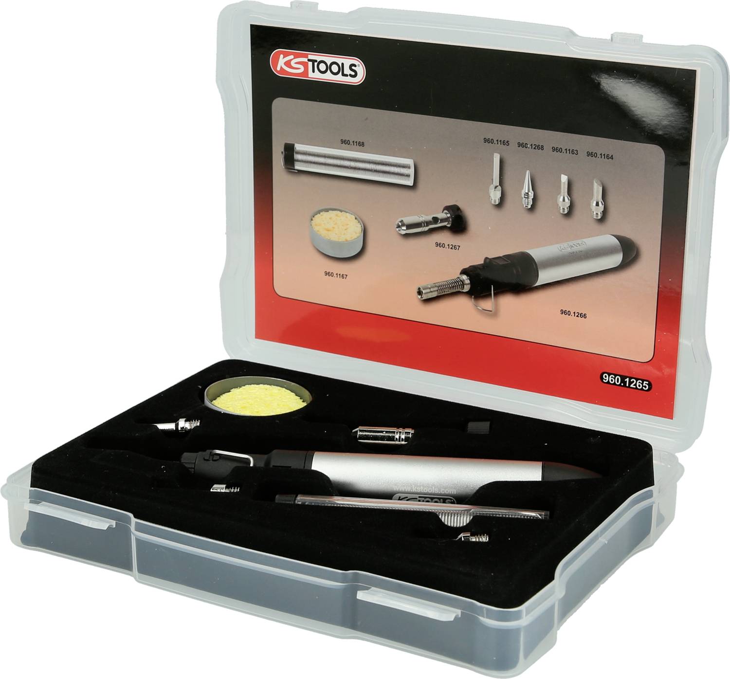 A set of tools in a transparent case. Contains a selection of screwdriver bits and a bit holder.