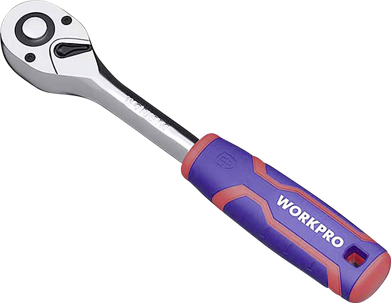 Ratchet spanner with a metallic head and ergonomic handle in red and blue, brand 'Workpro', on a white background.