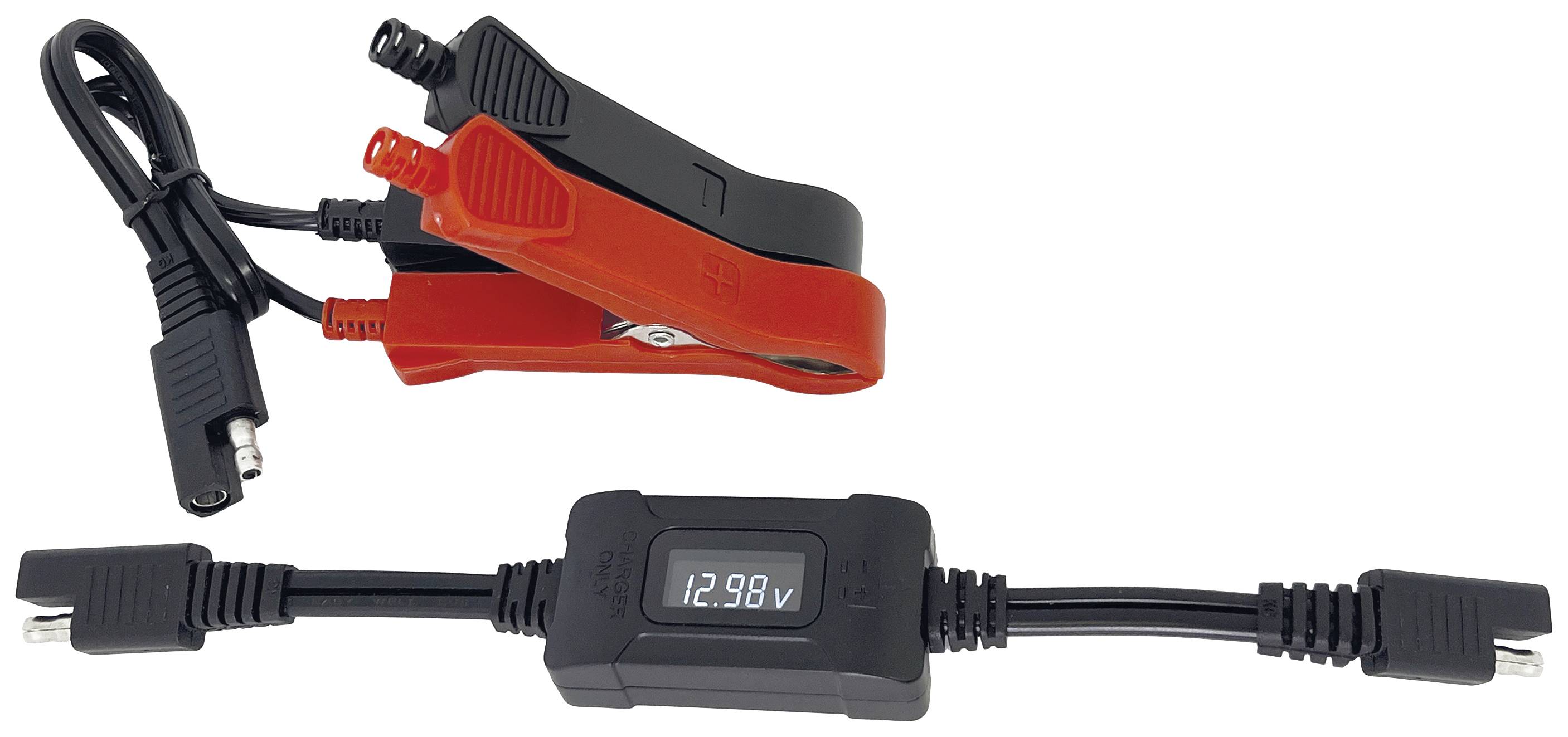 Black battery cable with digital display showing 12.98 volts. Two terminals, one red, one black, are connected.