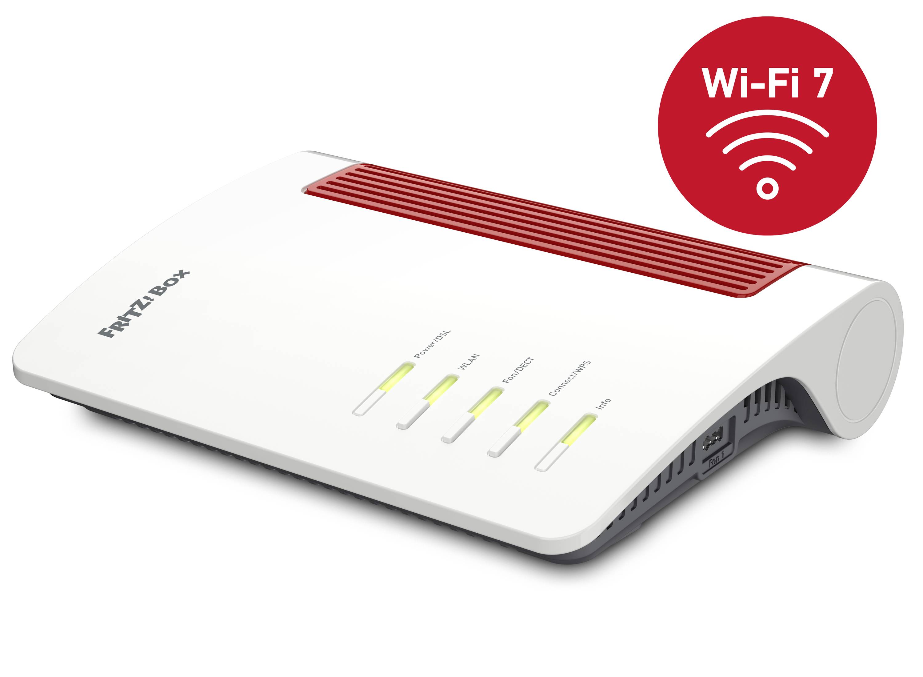 A FritzBox router with a red ventilation grille and illuminated status LEDs. A 'Wi-Fi 7' symbol beside it signals wireless connectivity.