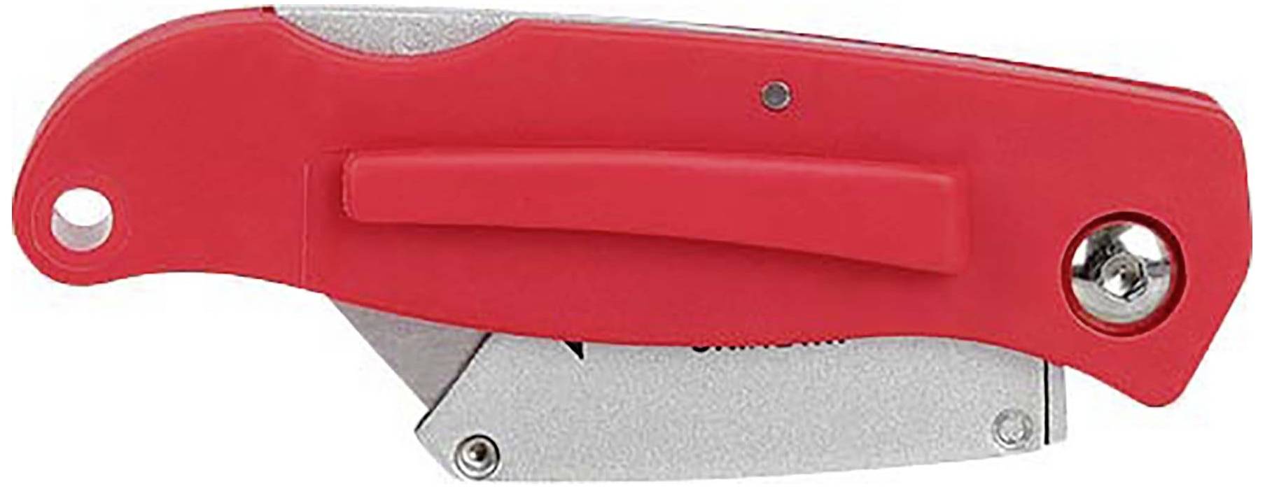 A red penknife with a blade partially exposed. It has a hole at the end of the handle and a shiny rivet on the right.