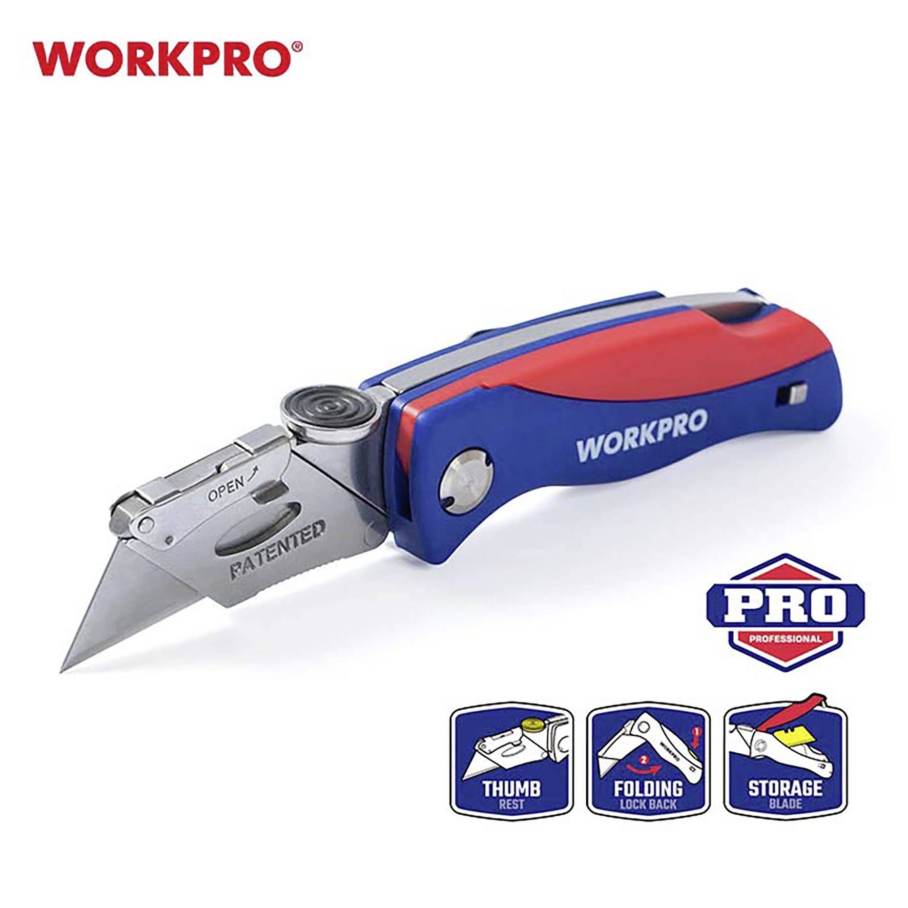 A folding multi-tool with a red and blue handle. Contains 'WORKPRO' and 'PRO' logos. Functional symbols displayed underneath.