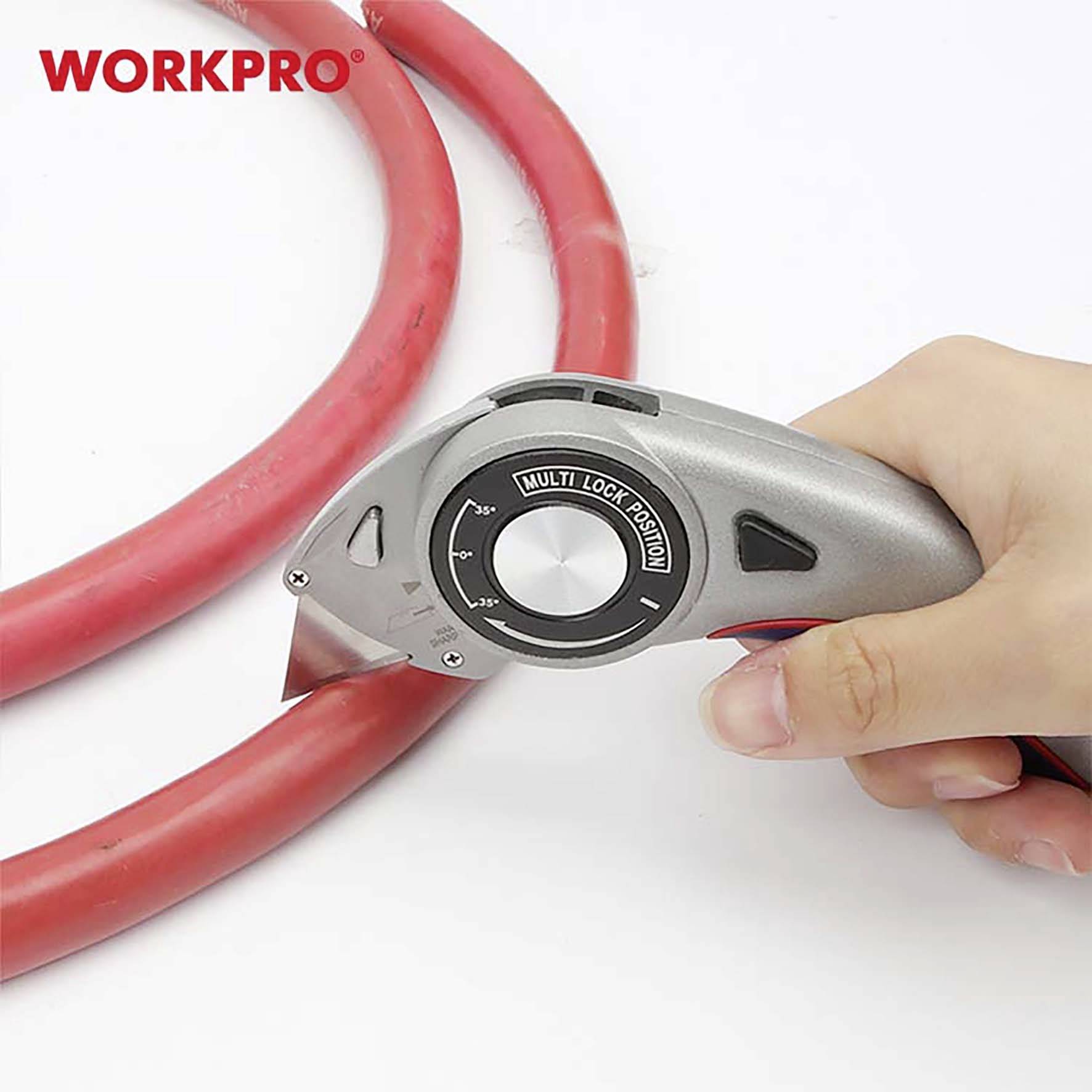 A hand is holding a cutting tool that is currently slicing through a thick, red cable. 'WORKPRO' is written in red at the top left.