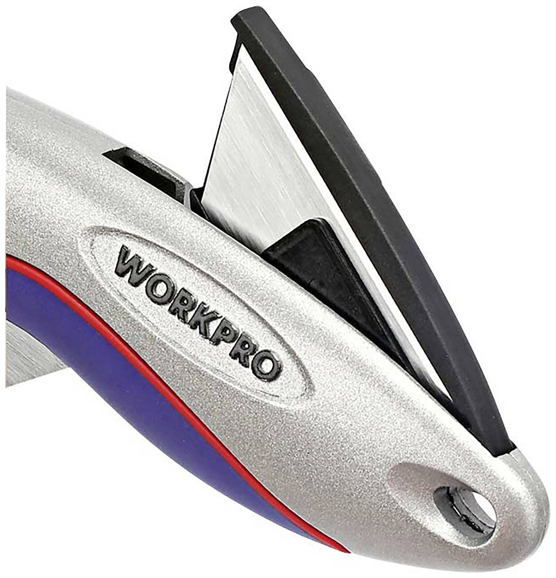 Close-up of a silver carpet knife with red and blue details and the inscription 'WORKPRO'.